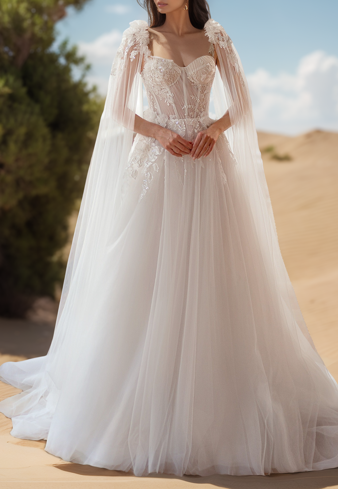 Sweetheart Spaghetti Straps Appliques Tulle A-Line Wedding Dress
