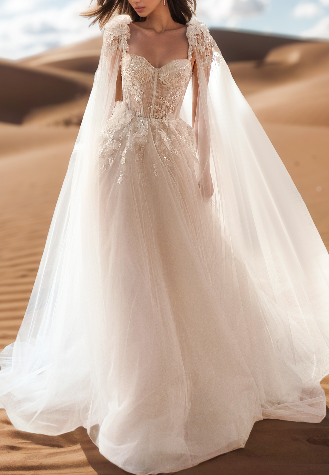 Sweetheart Spaghetti Straps Appliques Tulle A-Line Wedding Dress
