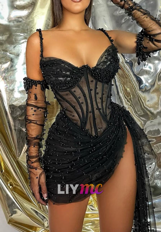 Sweetheart Spaghetti Straps Beaded Embroidery Sheath Party Homecoming Dress