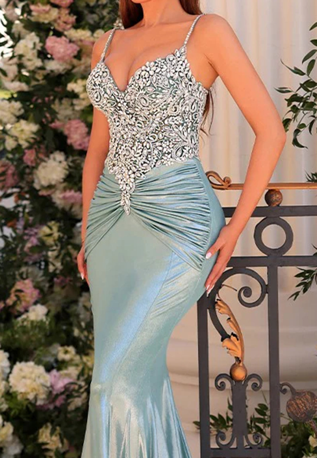 Sweetheart Spaghetti Straps Beaded Sleek Mermaid Prom Dress