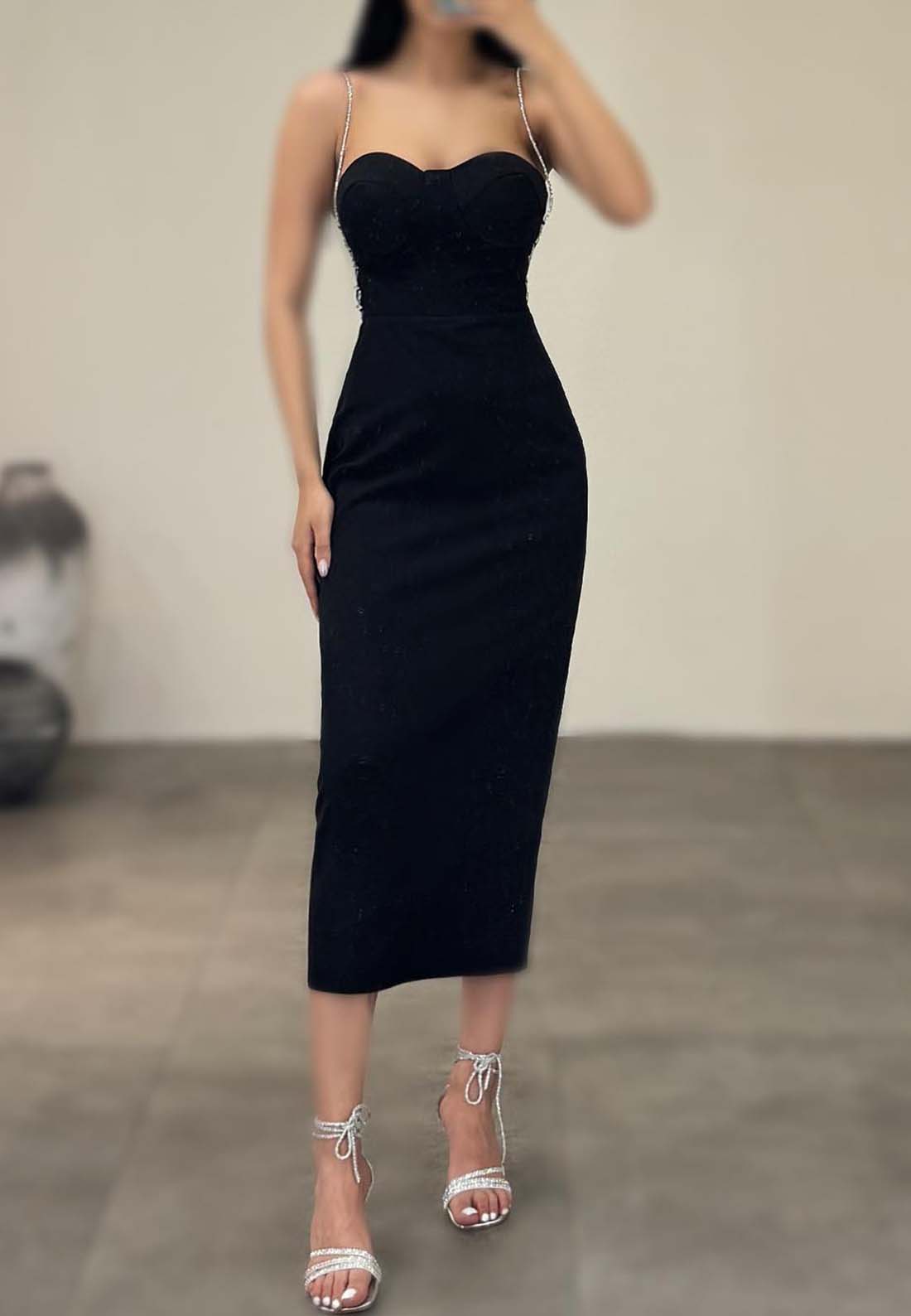 Sweetheart Spaghetti Straps Bodycon Midi Dress Sheath Formal Dress