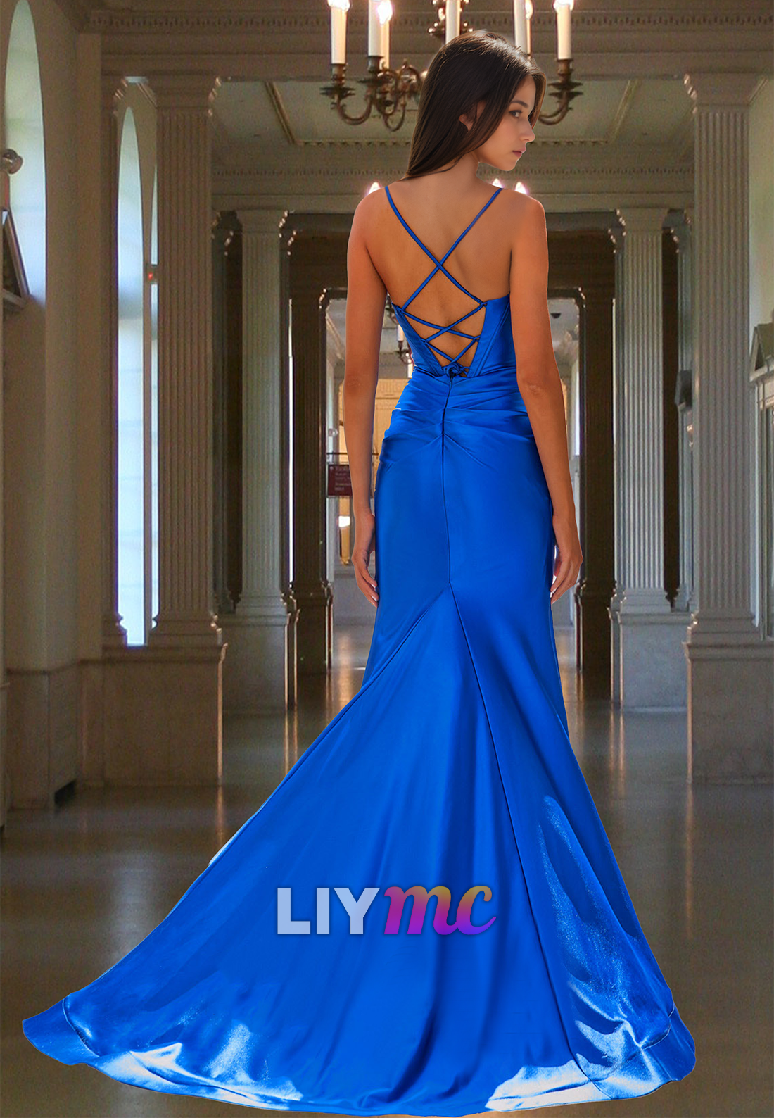 Sweetheart Spaghetti Straps Illusion Pleated Sheath Prom Dress
