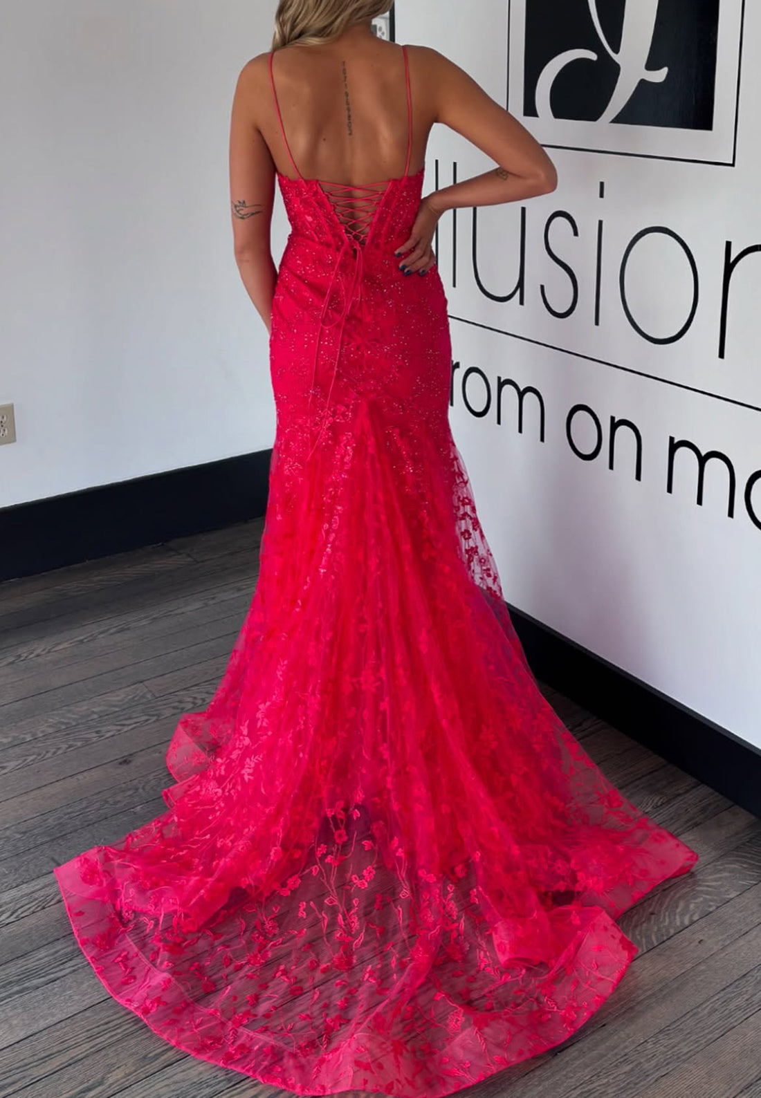 Sweetheart Spaghetti Straps Lace Appliques Mermaid Prom Dress