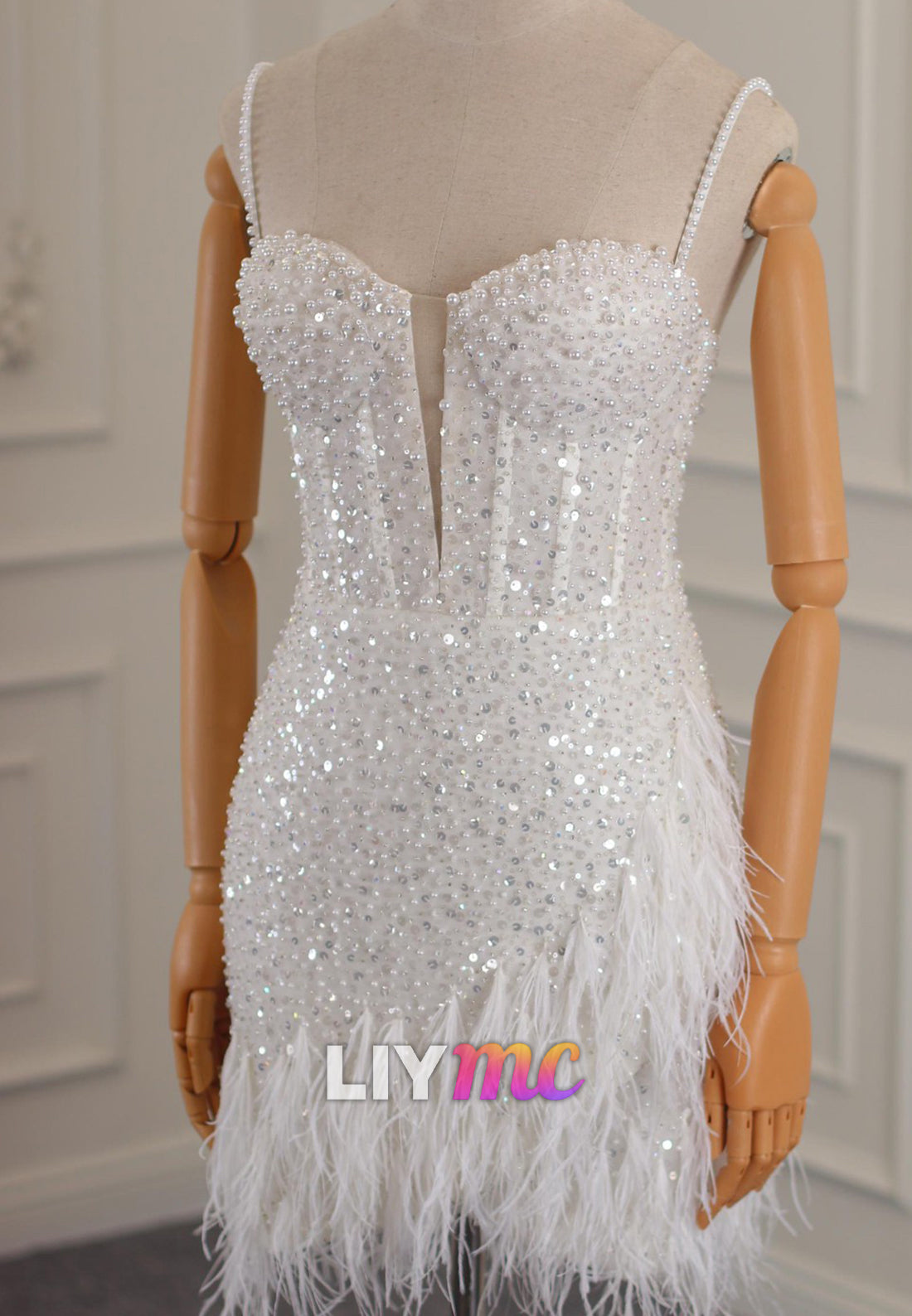 Sweetheart Spaghetti Straps Pearl Sequins Feather Short Wedding Dress