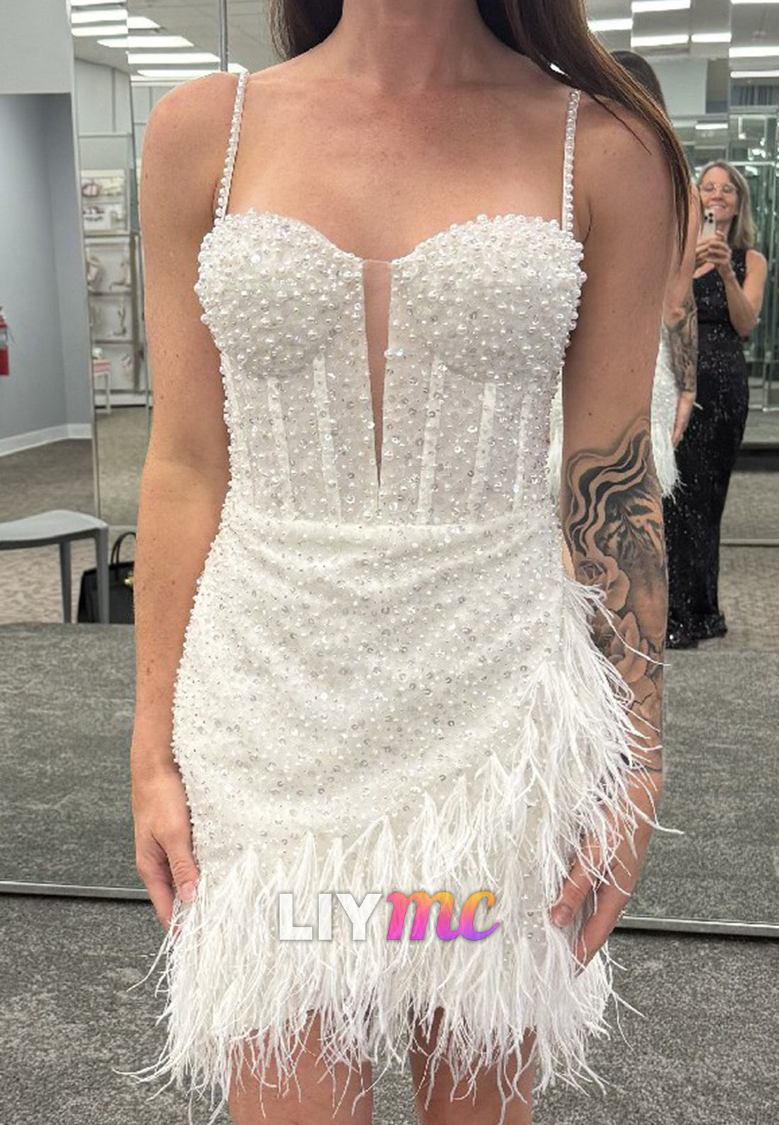 Sweetheart Spaghetti Straps Pearl Sequins Feather Short Wedding Dress