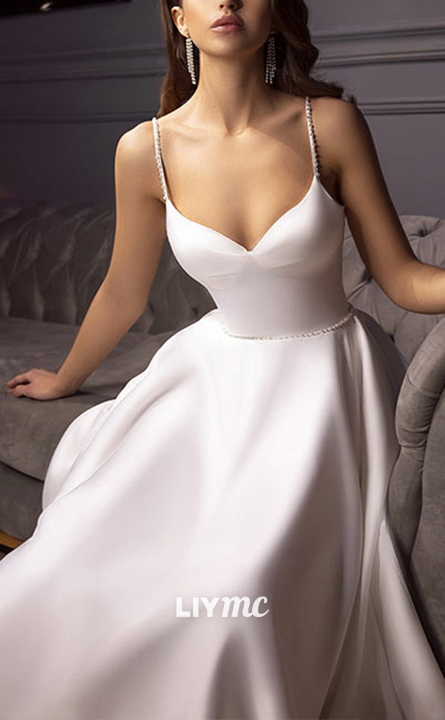 LW947 - Sweetheart Spaghetti Straps Sleek Satin Pleated A-Line Beach Wedding Dress