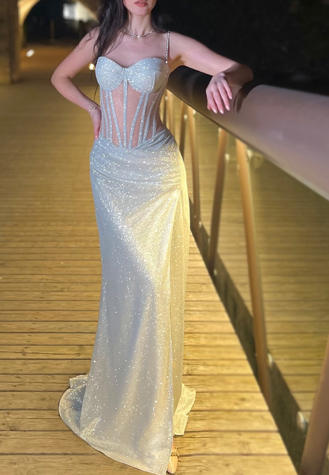 Sweetheart Spaghetti Straps Sparkly Sheath Prom Dress