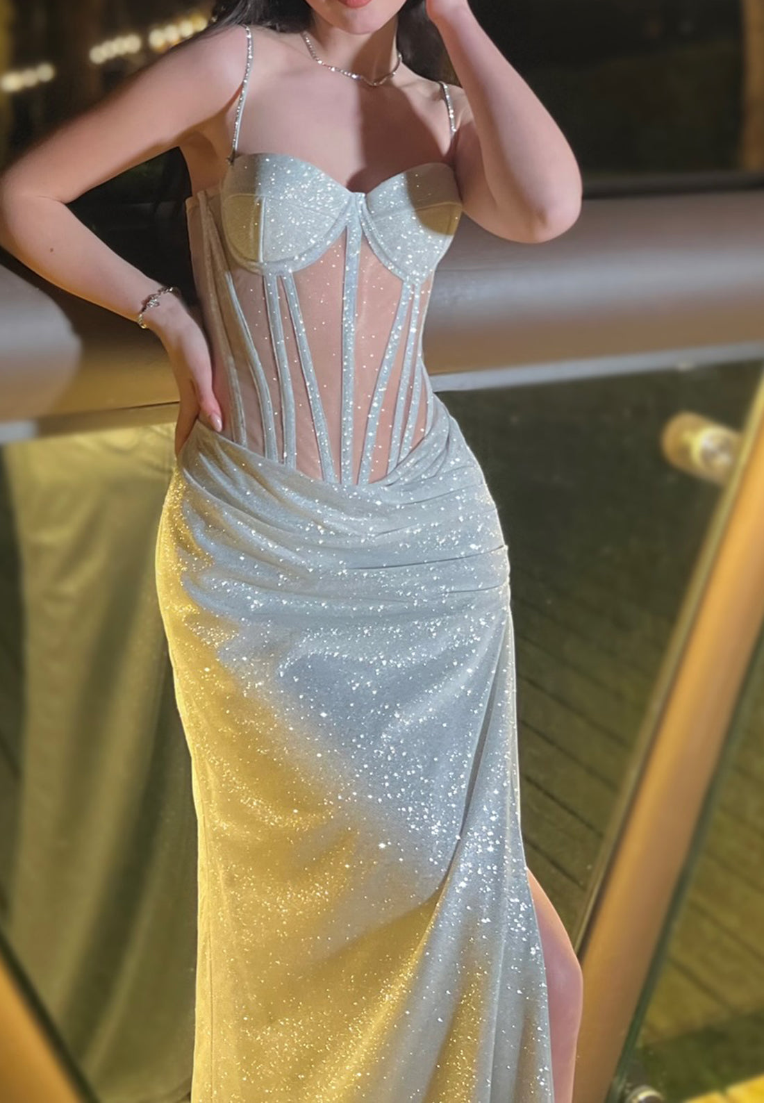 Sweetheart Spaghetti Straps Sparkly Sheath Prom Dress