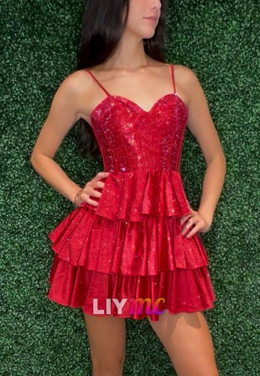 Sweetheart Spaghetti Straps Sparkly Tiered A-Line Party Homecoming Dress