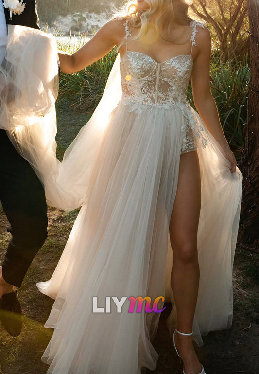 Sweetheart Spaghetti Straps Tulle Appliques A-Line Wedding Dress