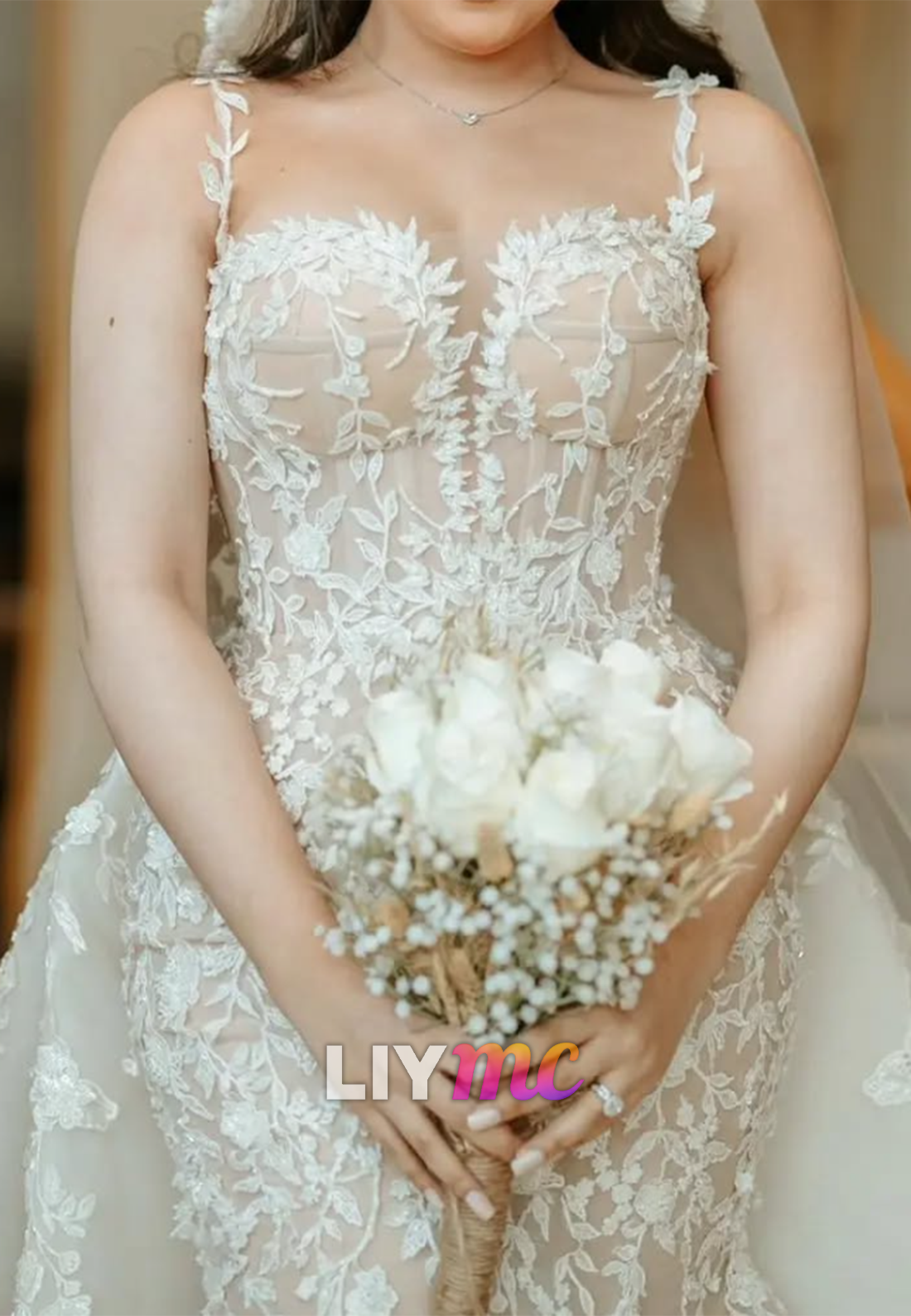 Sweetheart Spaghetti Sttraps Appliques Mermaid Wedding Dress