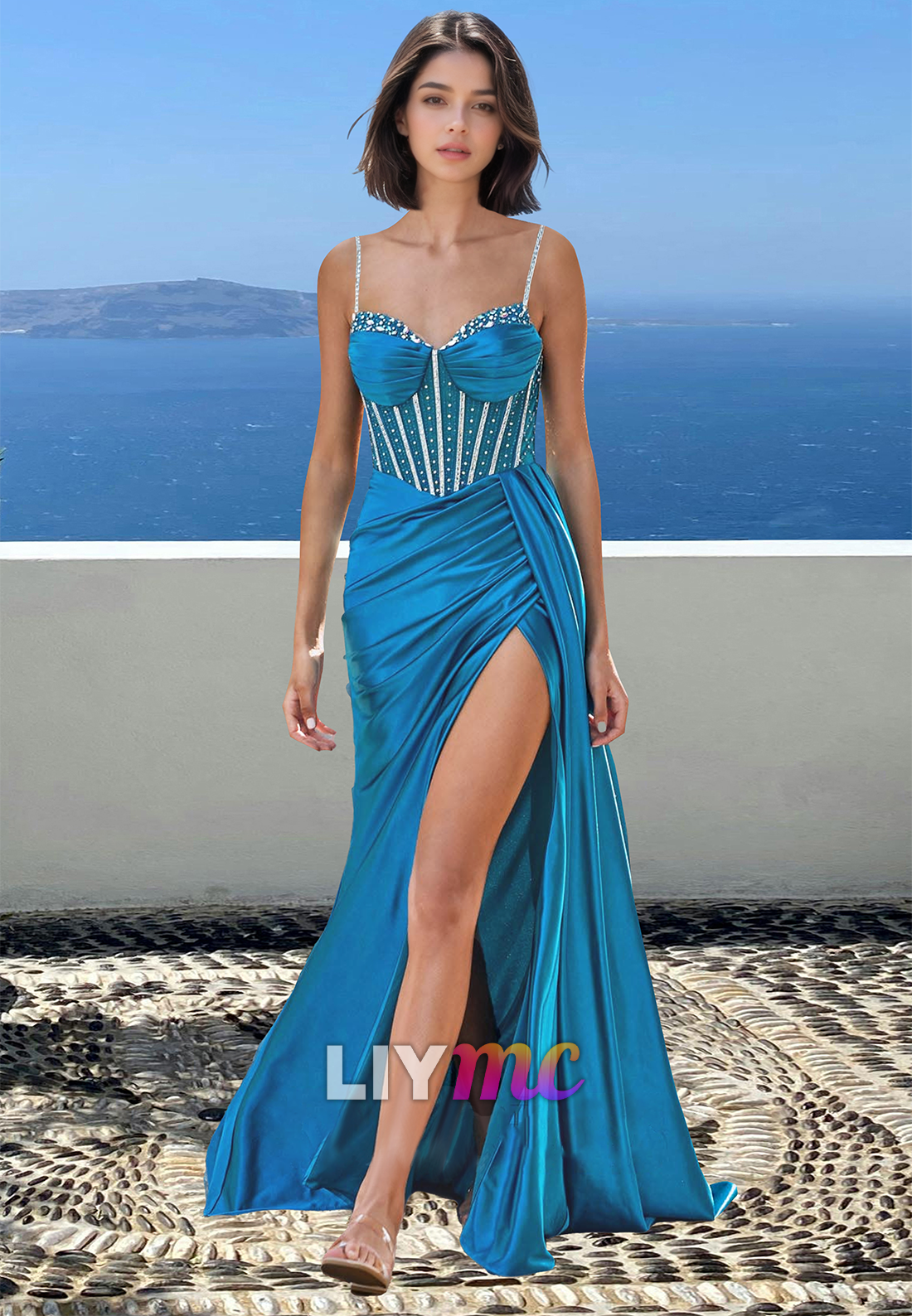 Sweetheart Spaghhetti Straps Beaded Pleated Sheath Prom Dress