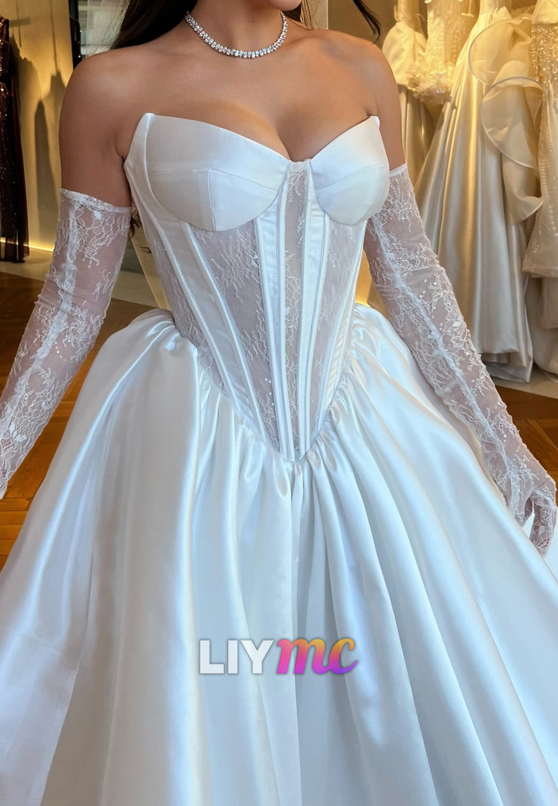 Sweetheart Strapless Appliques Satin A-Line Wedding Dress