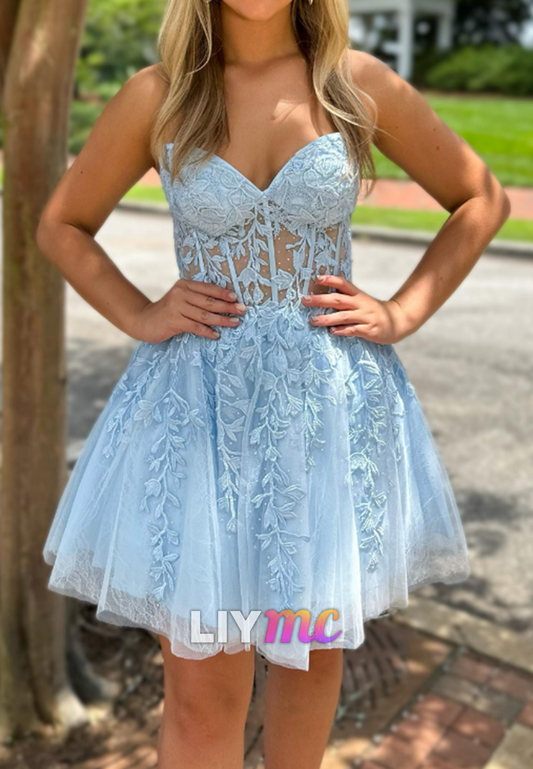 Sweetheart Strapless Appliques Tulle A-Line Party Homecoming Dress