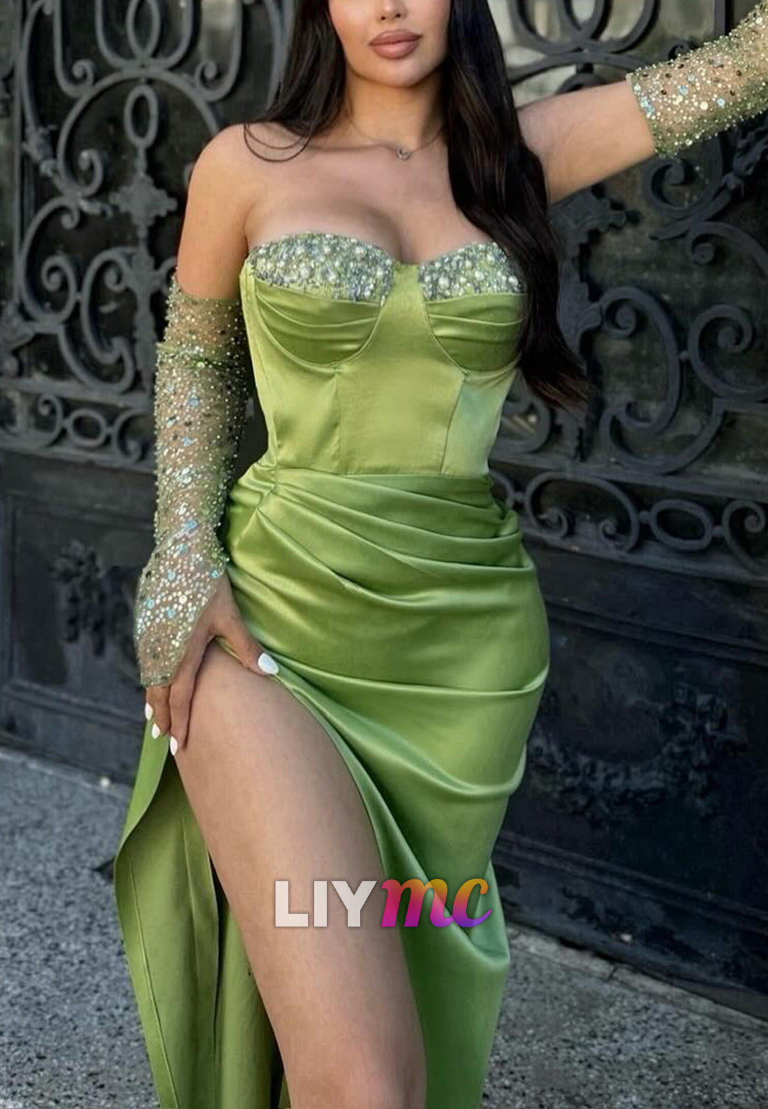 Sweetheart Strapless Beaded Emboridery Pleated Prom Dress Sheath Party Dress