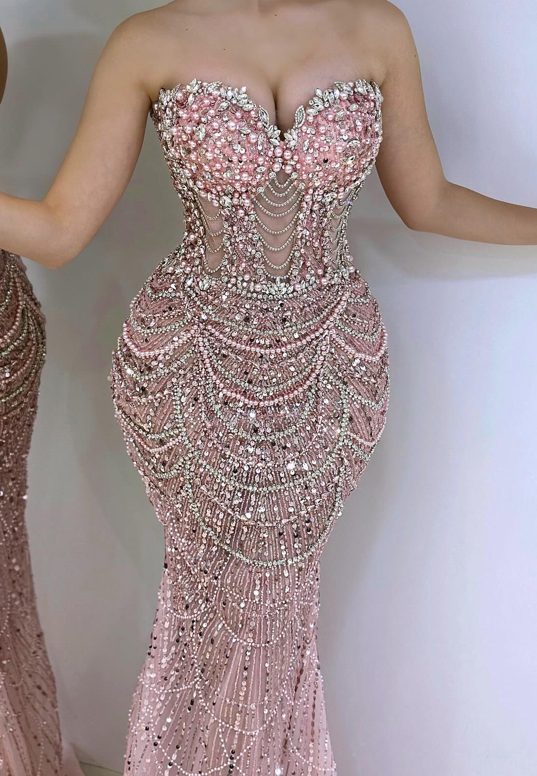 Sweetheart Strapless Beaded Emboridery Prom Dress Pearl Mermaid Evening Dress