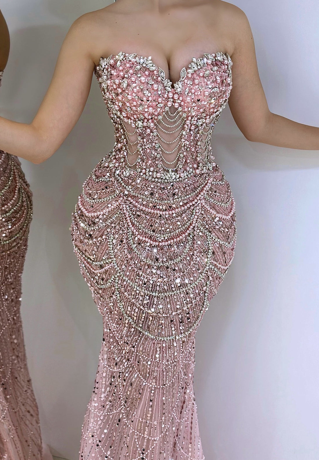 Sweetheart Strapless Beaded Emboridery Prom Dress Pearl Mermaid Evening Dress