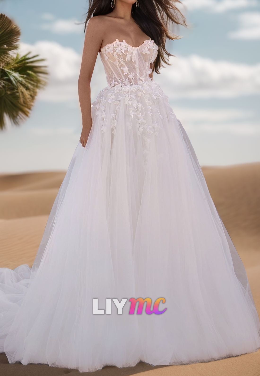 Sweetheart Strapless Floral Appliques Tulle Ball Gown Wedding Dress