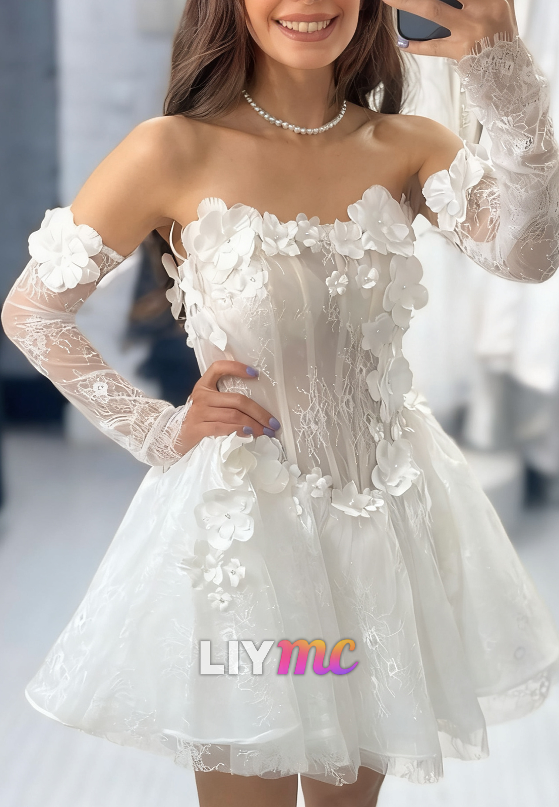 Sweetheart Strapless Floral Embellished Short Wedding Dress