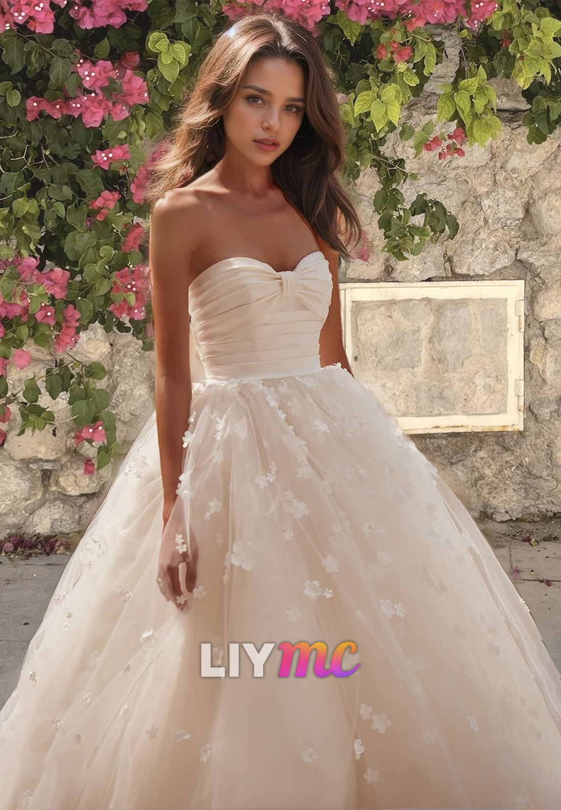 Sweetheart Strapless Floral Embellished Tulle Ball Gown Wedding Dress