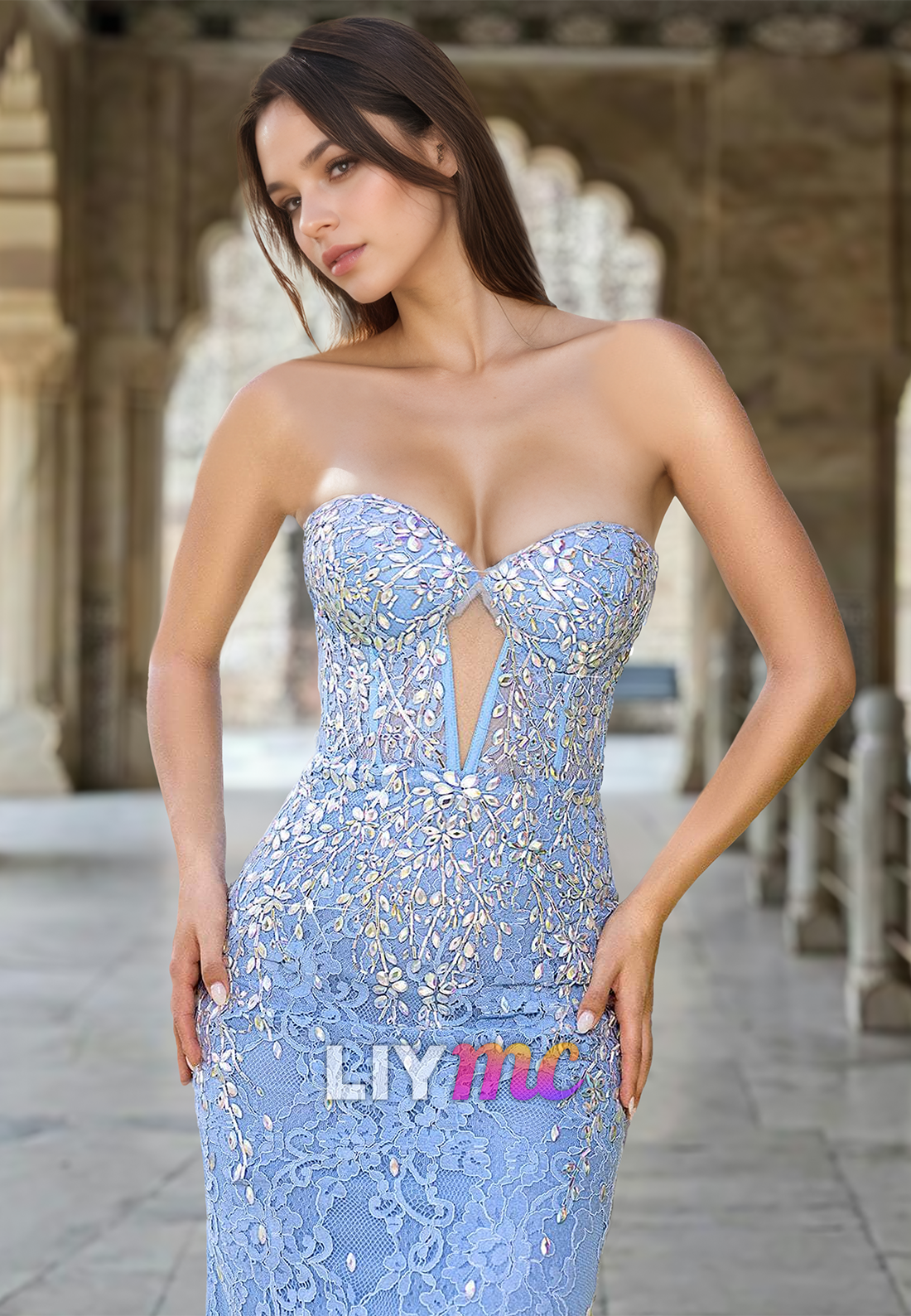 Sweetheart Strapless Illusion Lace Appliques Mermaid Prom Dress