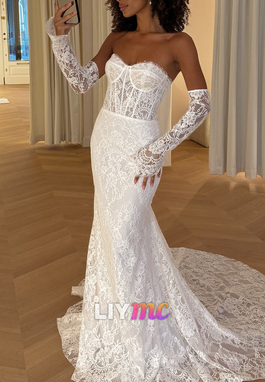 Sweetheart Strapless Lace Appliques Mermaid Summer Wedding Dress