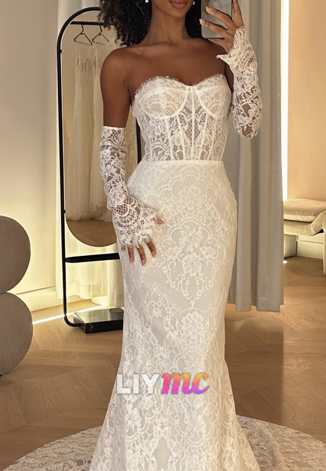 Sweetheart Strapless Lace Appliques Mermaid Summer Wedding Dress