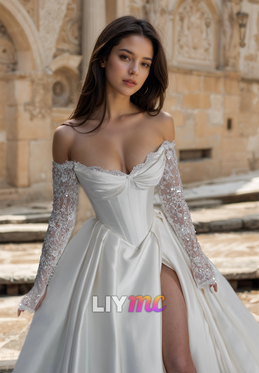 Sweetheart Strapless Lace Appliques Pleated Satin A-Line Wedding Dress