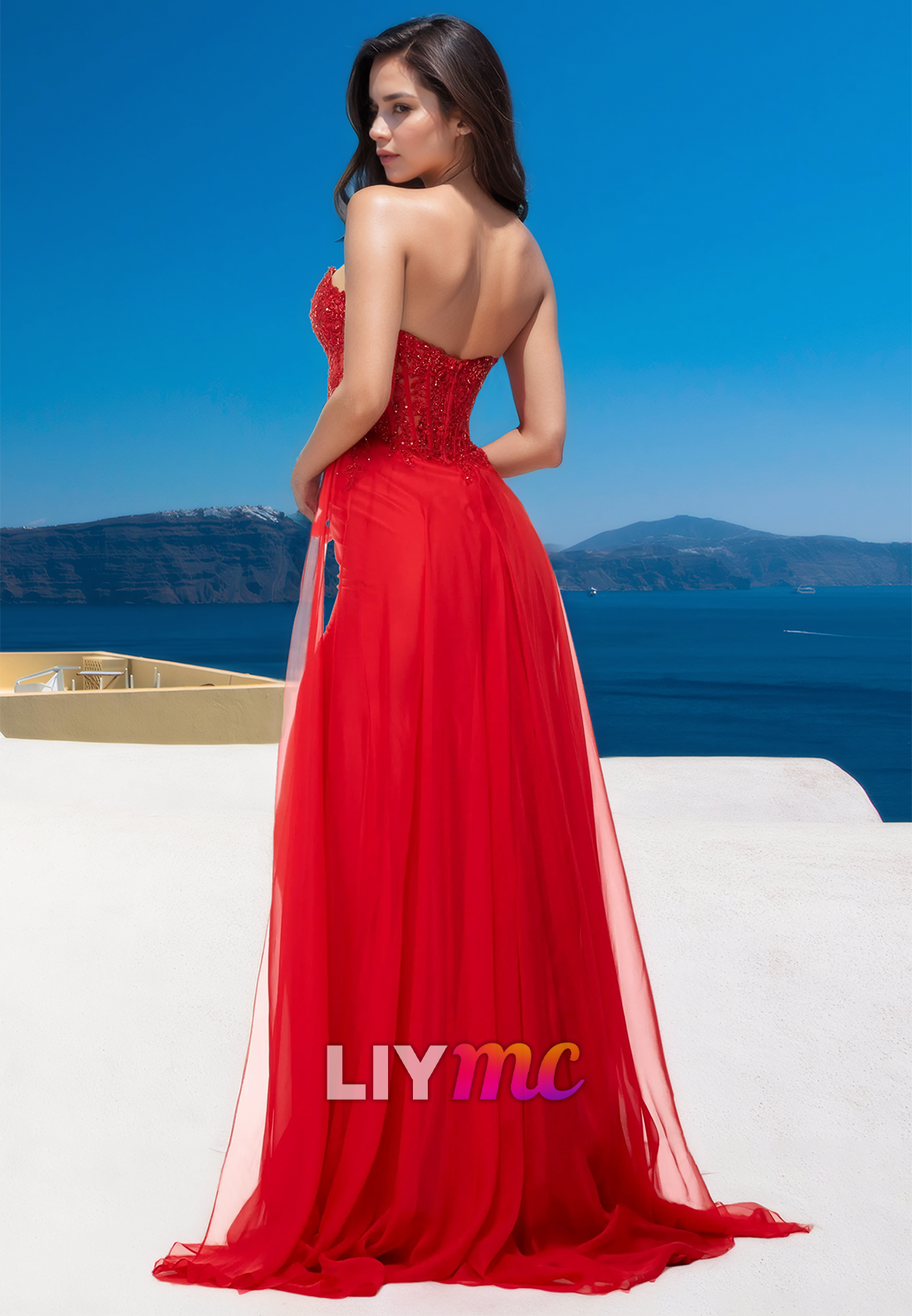 Sweetheart Strapless Lace Appliques Side Slit Sheath Prom Dress