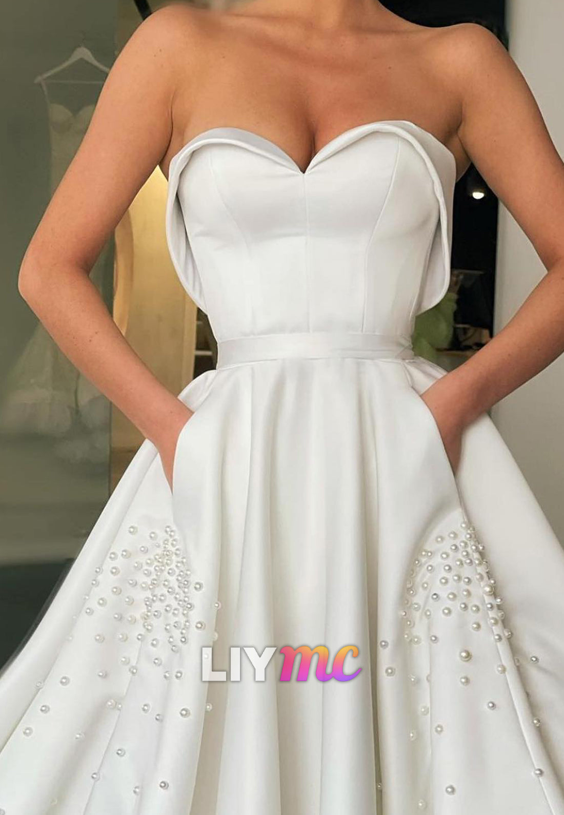 Sweetheart Strapless Pearl A-Line Satin Wedding Dress