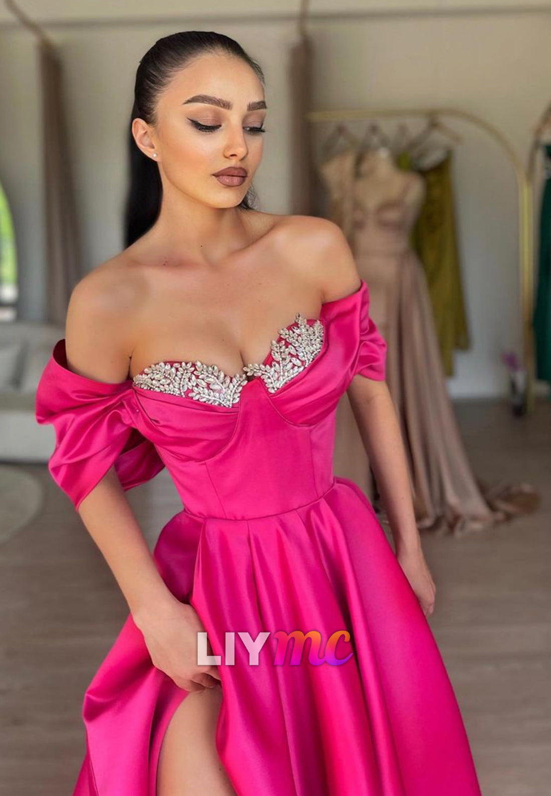 LP868 - A Line Off Shoulder Beads Pink Long Formal Prom Dress with Slit