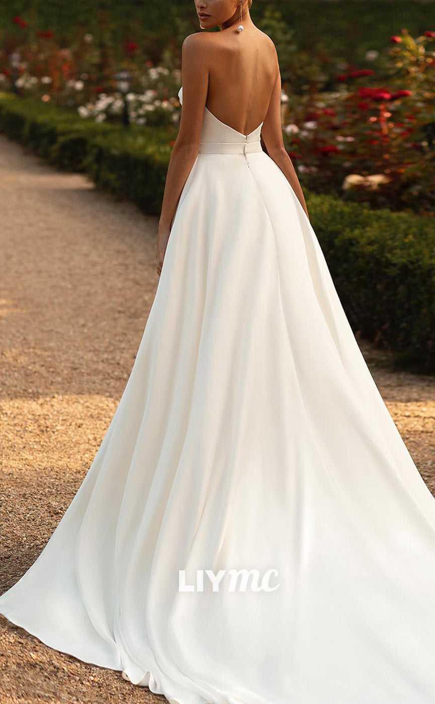 LW718 - Sweetheart Strapless Pleated Satin High Slit Court Train Wedding Dress