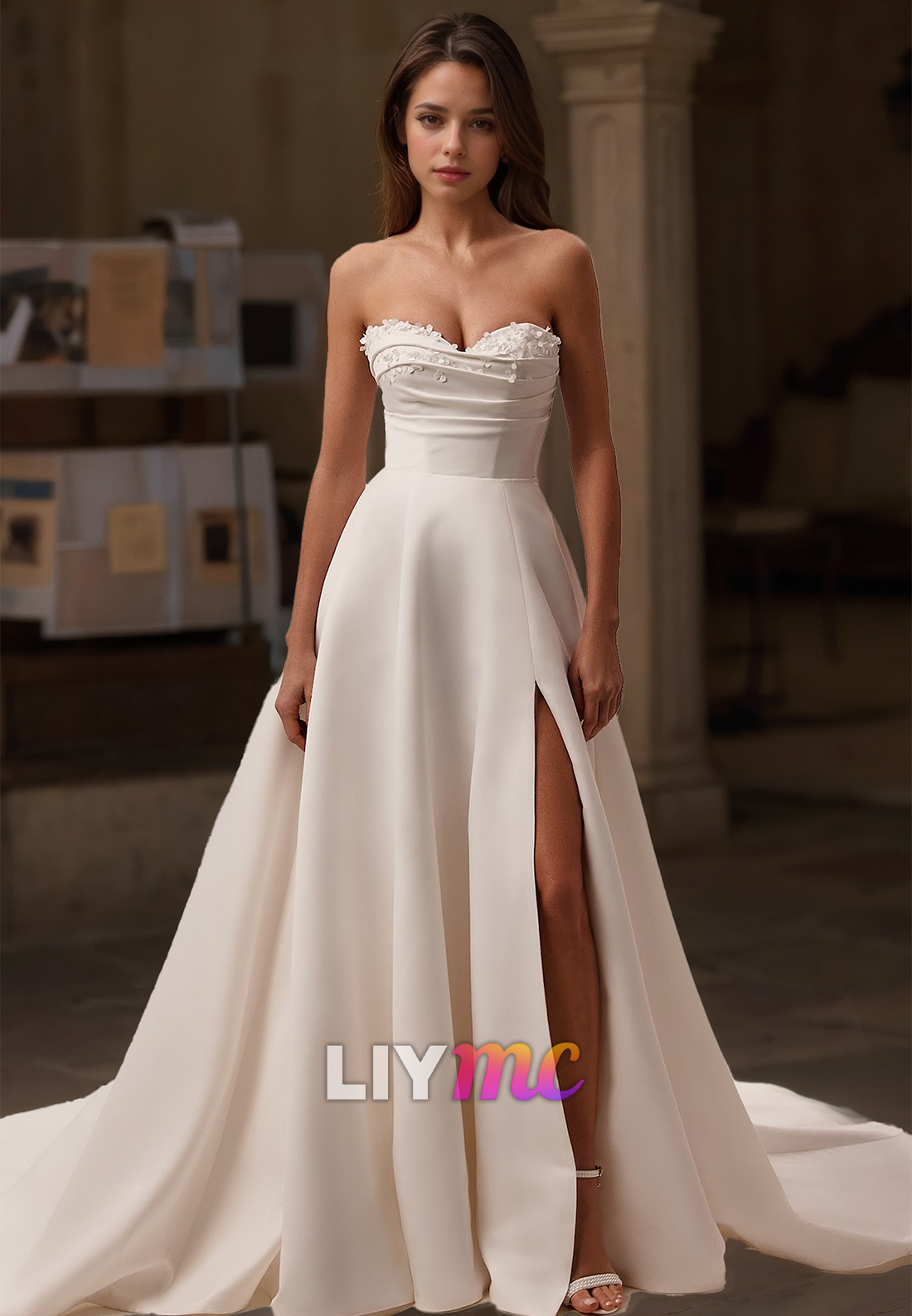 Sweetheart Strapless Pleated Sleek Satin Side Slit A-Line Wedding Dress
