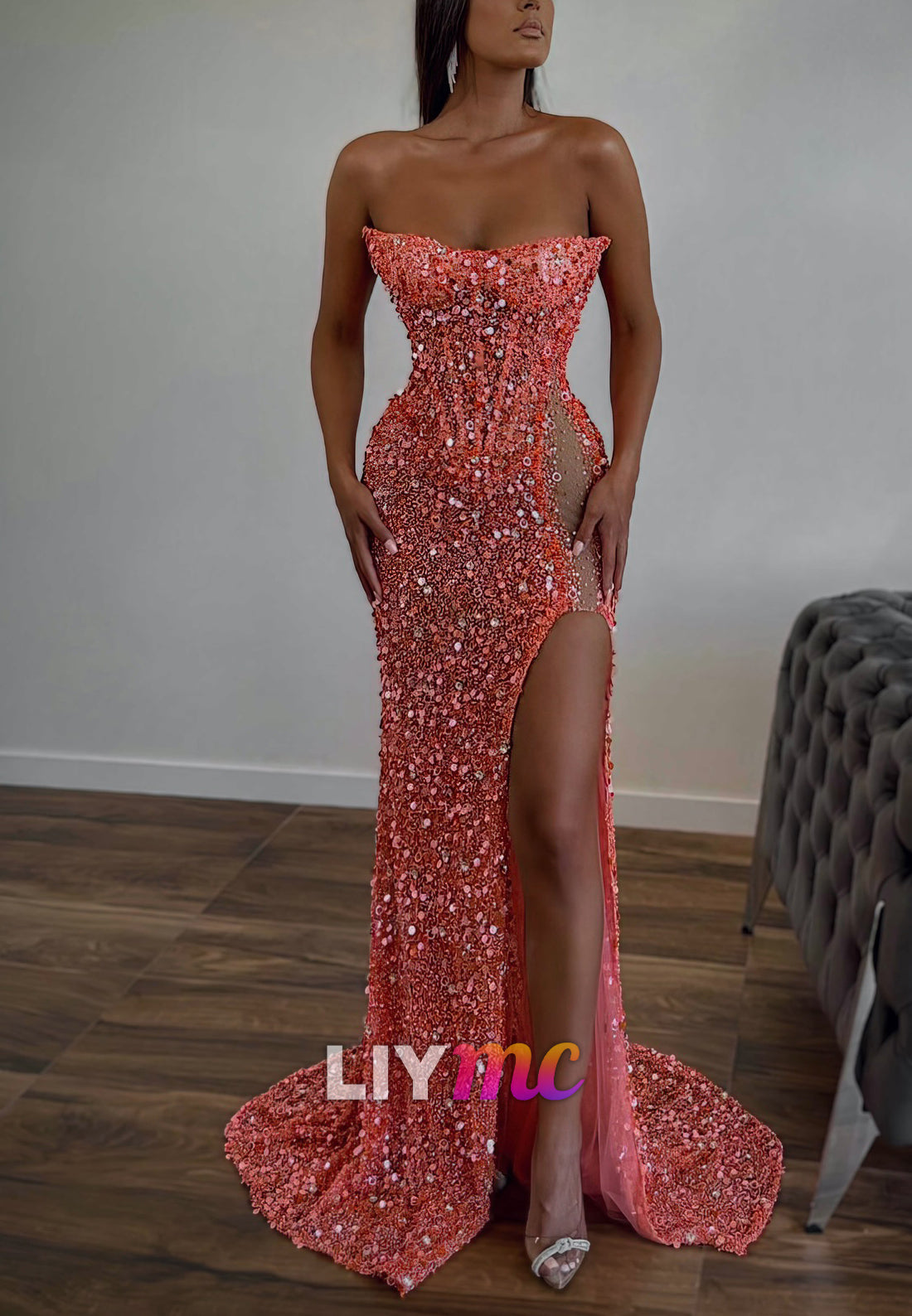 Sweetheart Strapless Sequins Side Slit Sheath Prom Dress