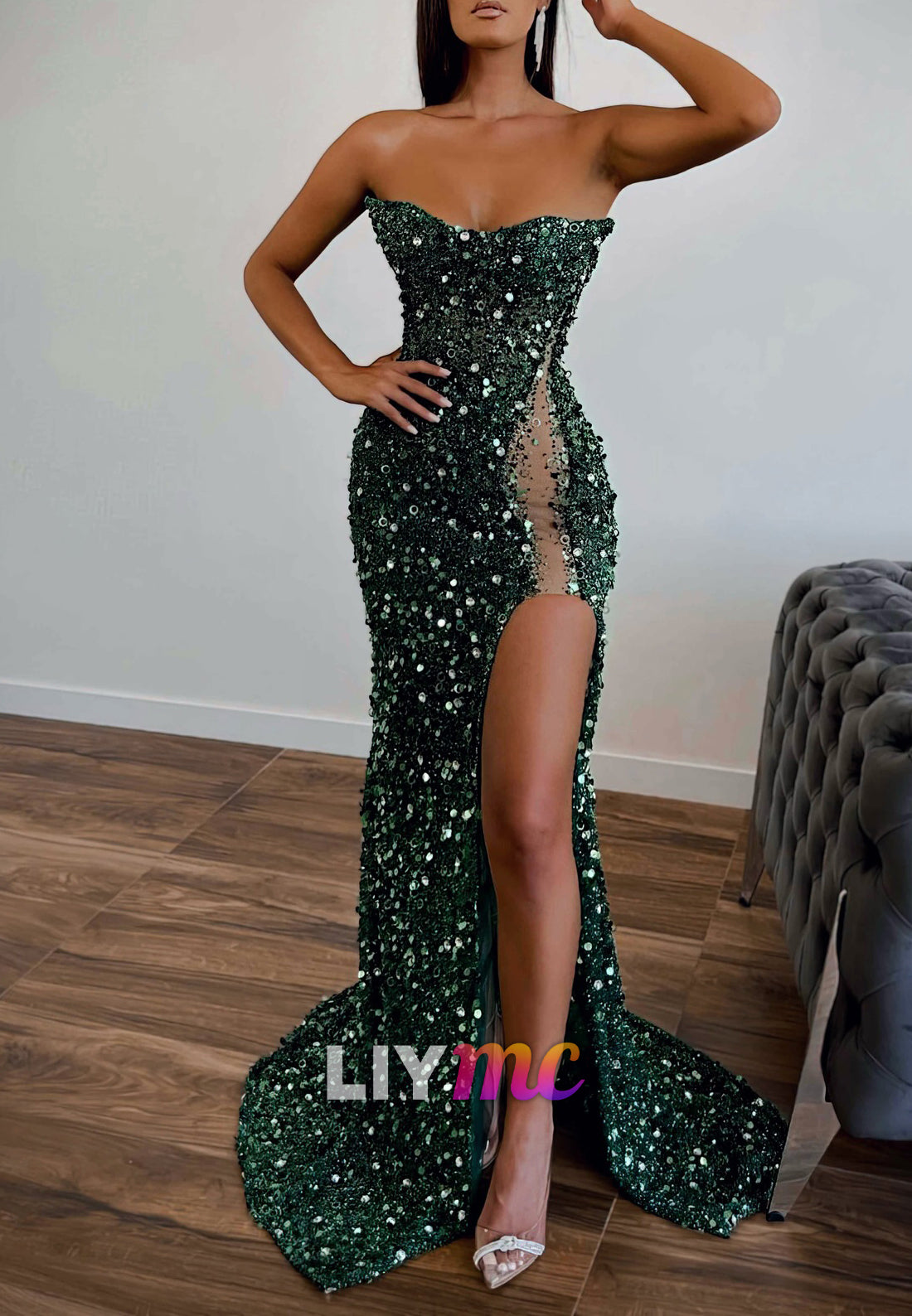 Sweetheart Strapless Sequins Side Slit Sheath Prom Dress