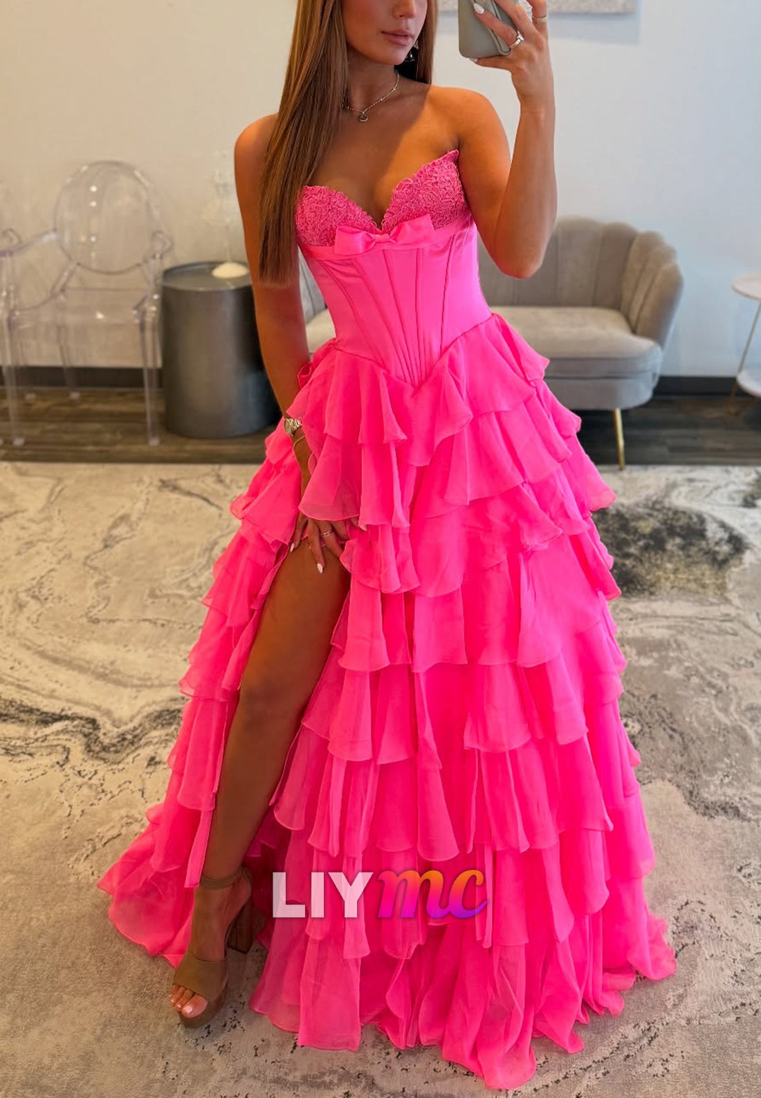Sweetheart Strapless Tiered Chiffon A-Line Prom Dress