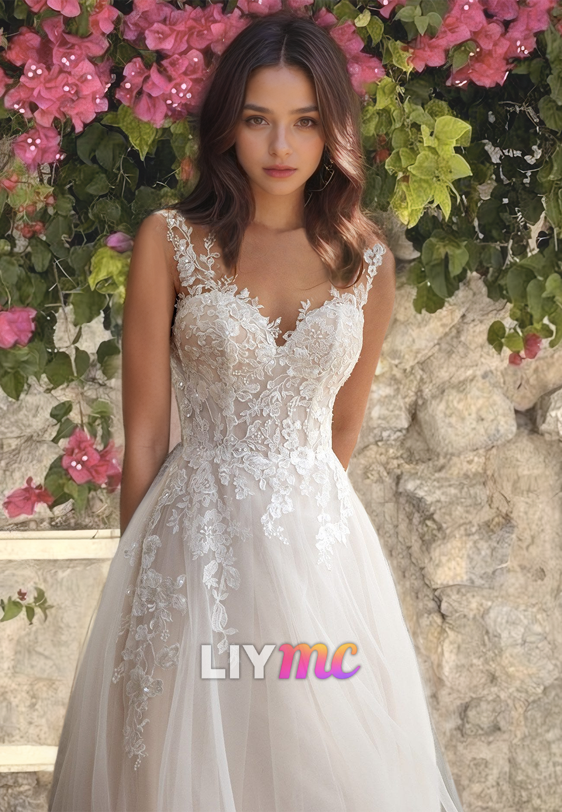 Sweetheart Straps Appliques Tulle A-Line Ball Gown Wedding Dress