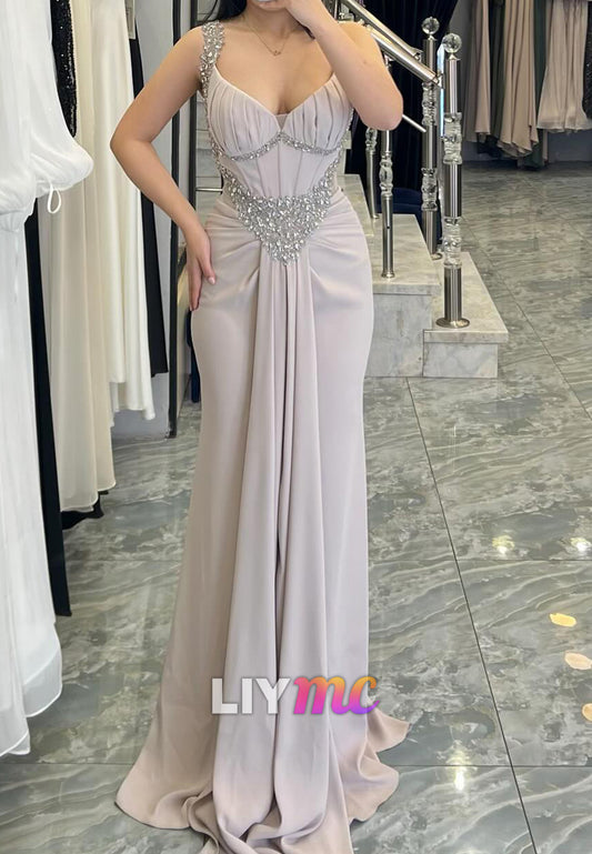 Sweetheart Straps Beaded  Pleated Mermaid Evening Dress