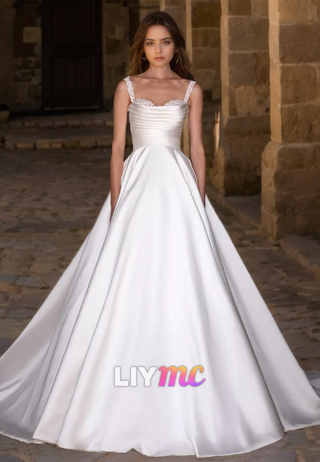 Sweetheart Straps Beaded Pleated Satin A-Line Wedding Dress Liymc Sweetheart Straps Beaded Pleated Satin A-Line Wedding Dress Liymc