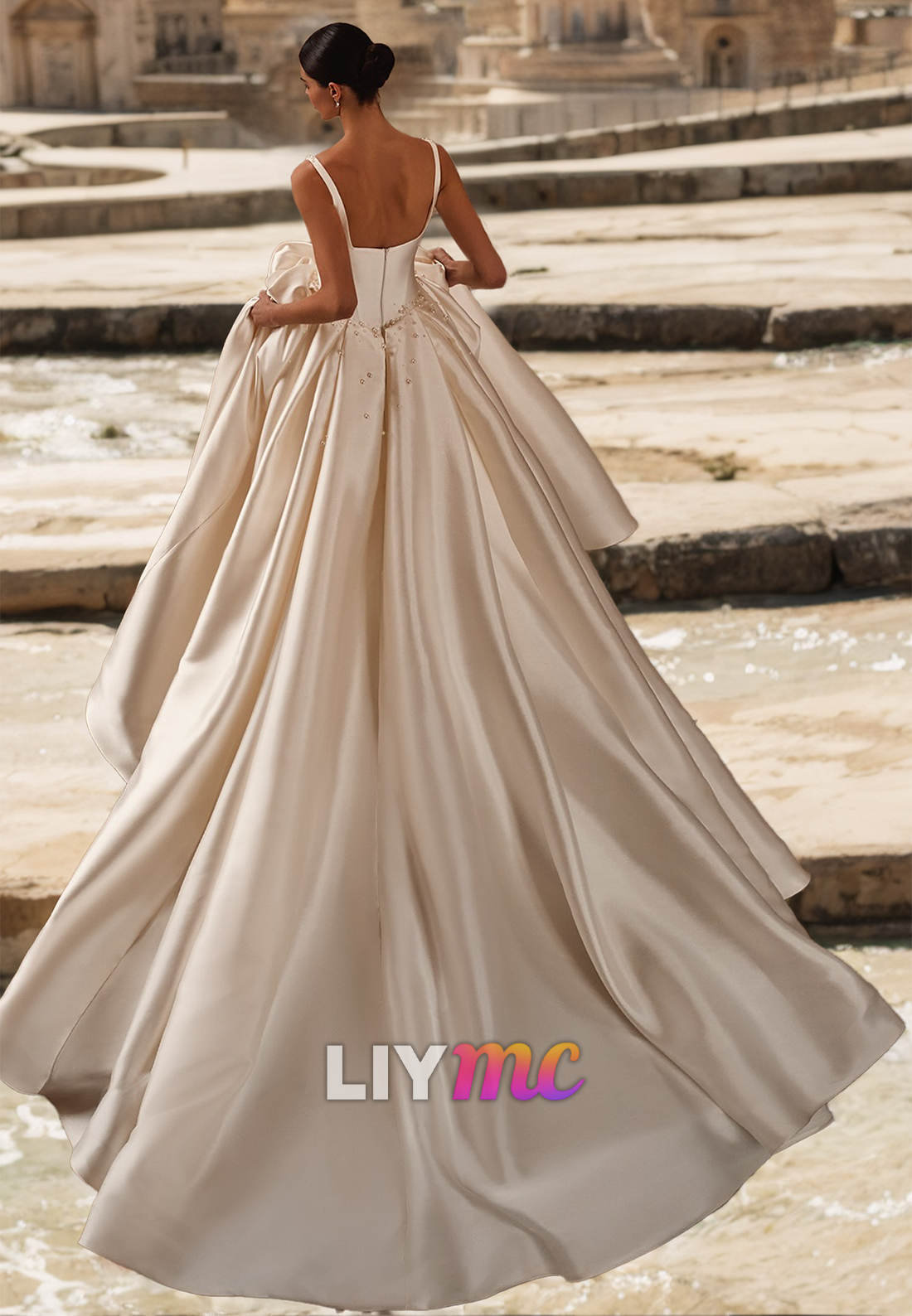 Sweetheart Straps Beaded Sleek Pleated Satin A-Line Wedding Dress