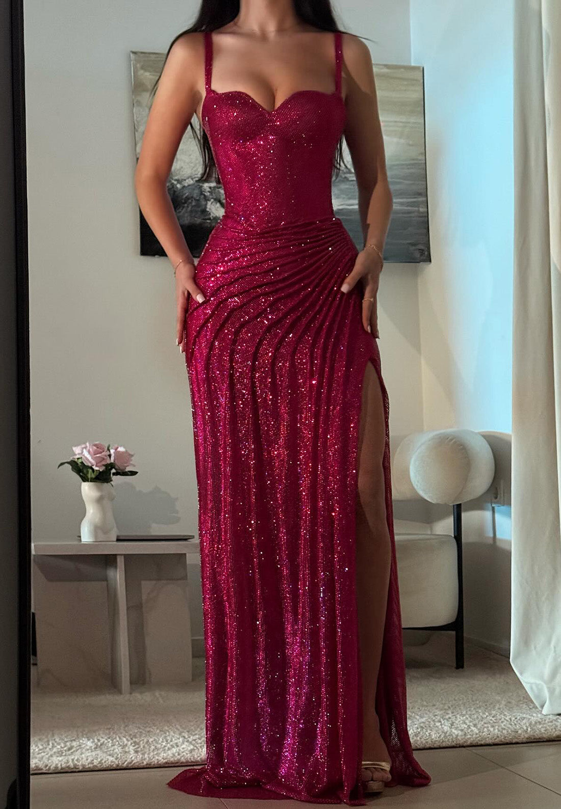 Sweetheart Straps Sparkly Pleated Sheath Prom Dress