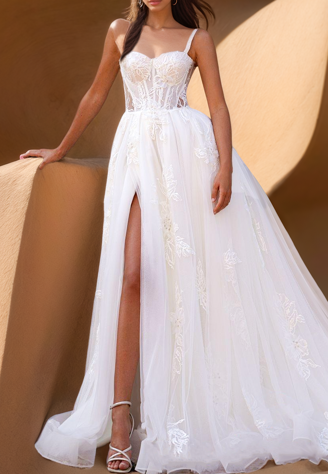 Sweetheart Straps Floral Appliques High Slit A-Line Wedding Dress