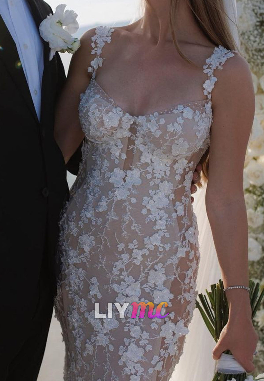 Sweetheart Straps Floral Appliques Mermaid Wedding Dress