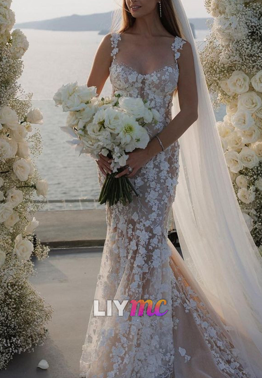 Sweetheart Straps Floral Appliques Mermaid Wedding Dress