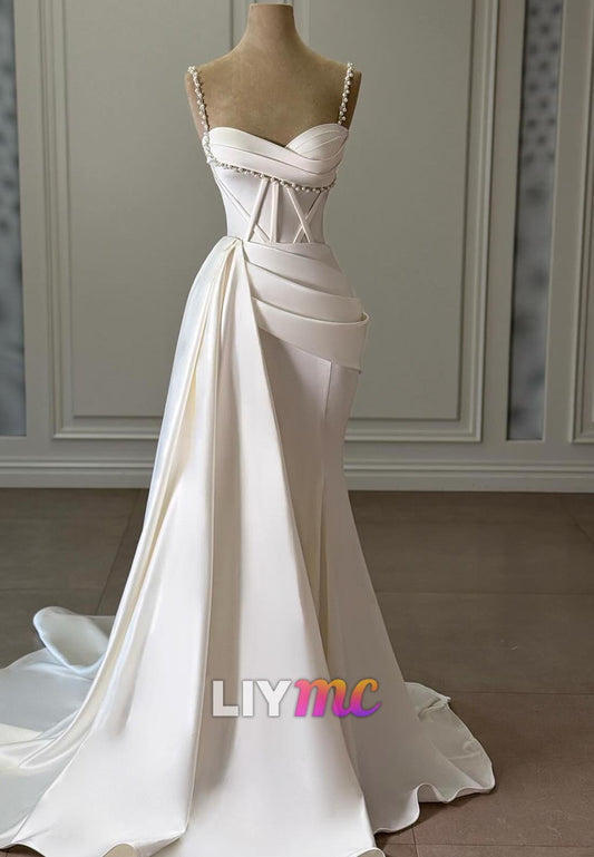 Sweetheart Straps Pearl Pleated Mermaid Wedding Dress