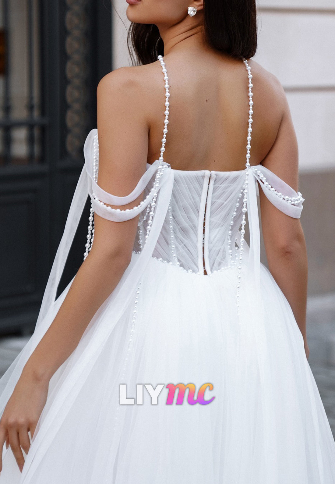 Sweetheart Straps Pearl Pleated Tulle A-Line Wedding Dress