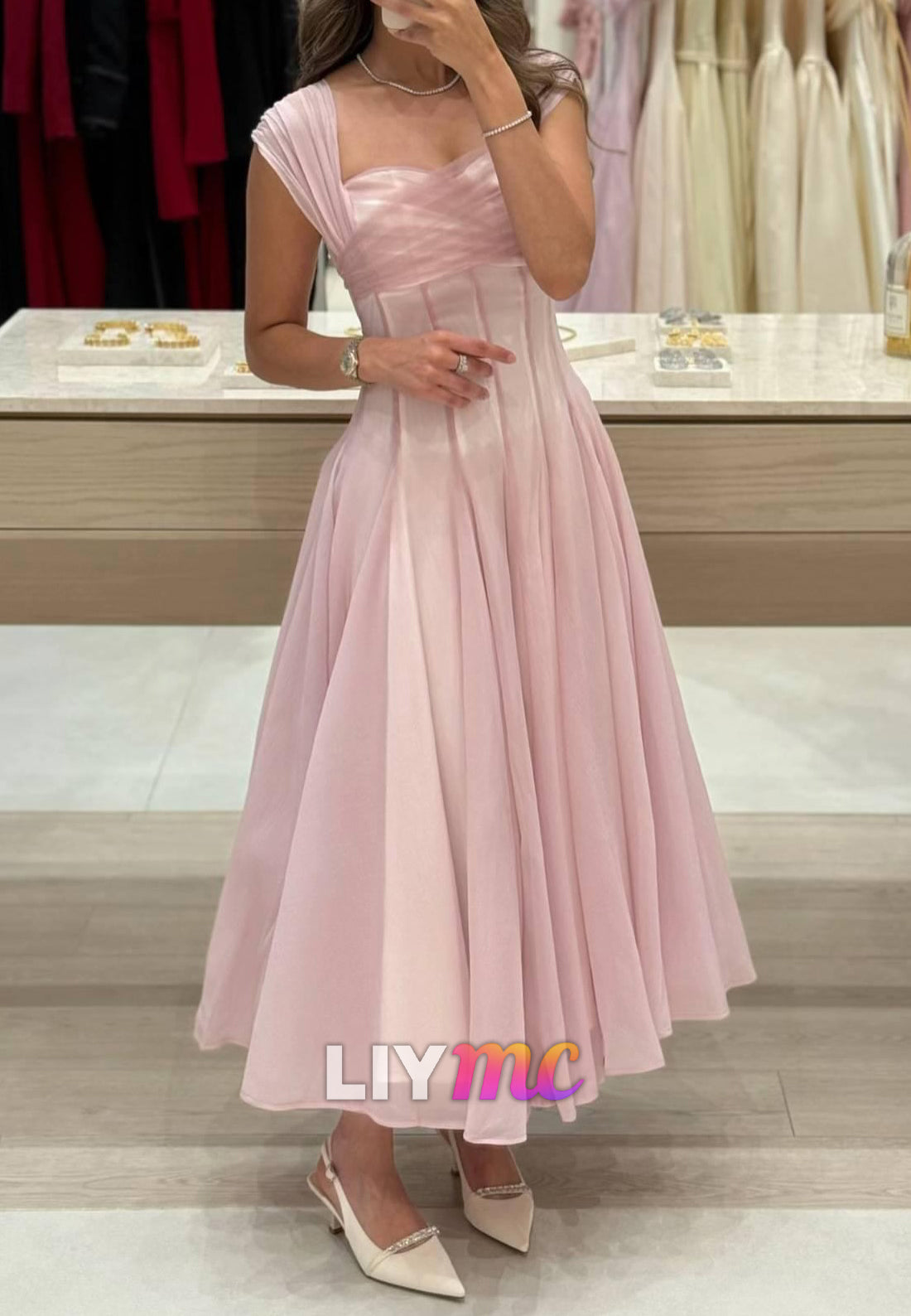 Sweetheart Straps Pleated A-Line Midi Prom Dress