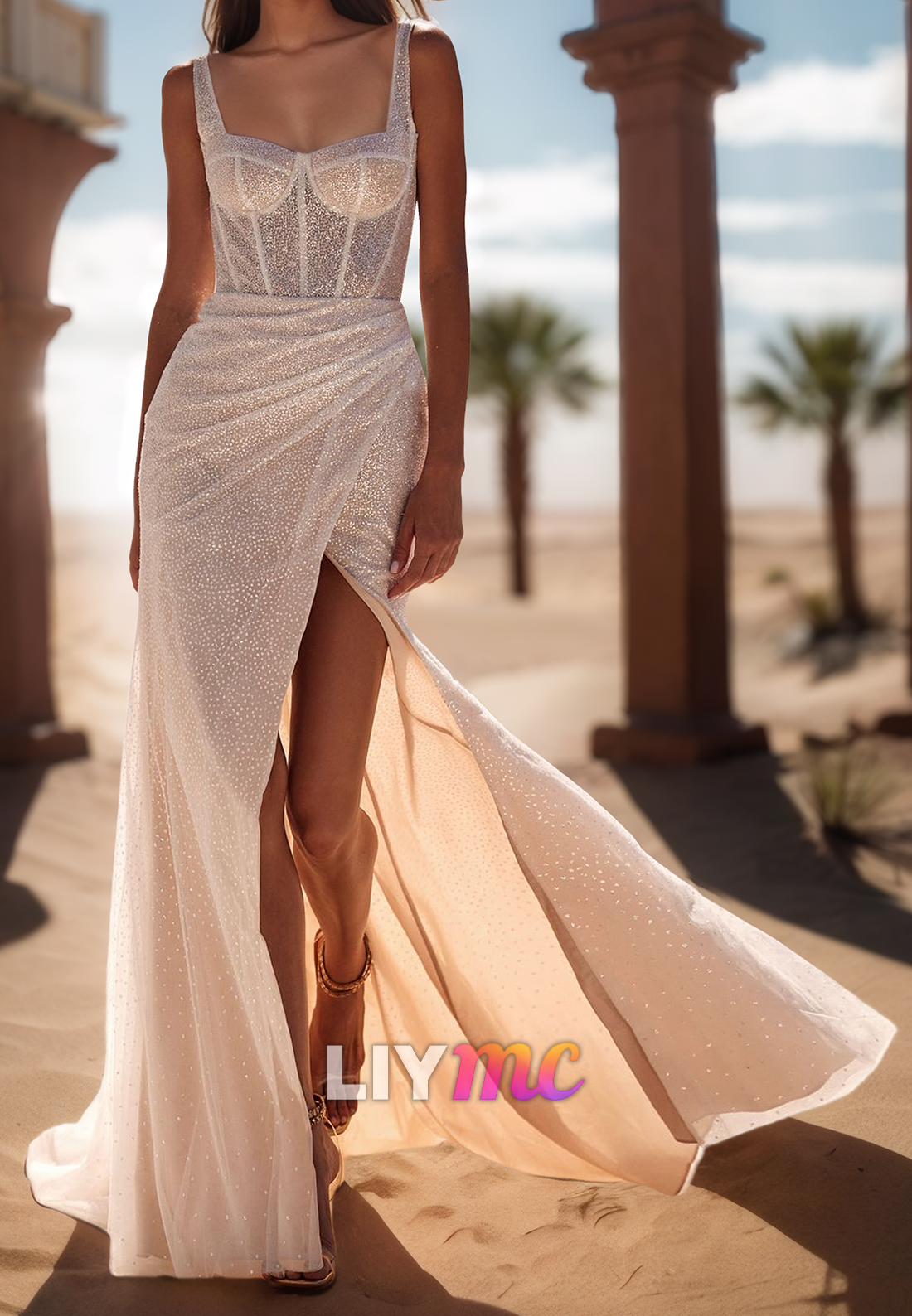 Sweetheart Straps Pleated Side Slit Sparkly Sheath Beach Wedding Dress