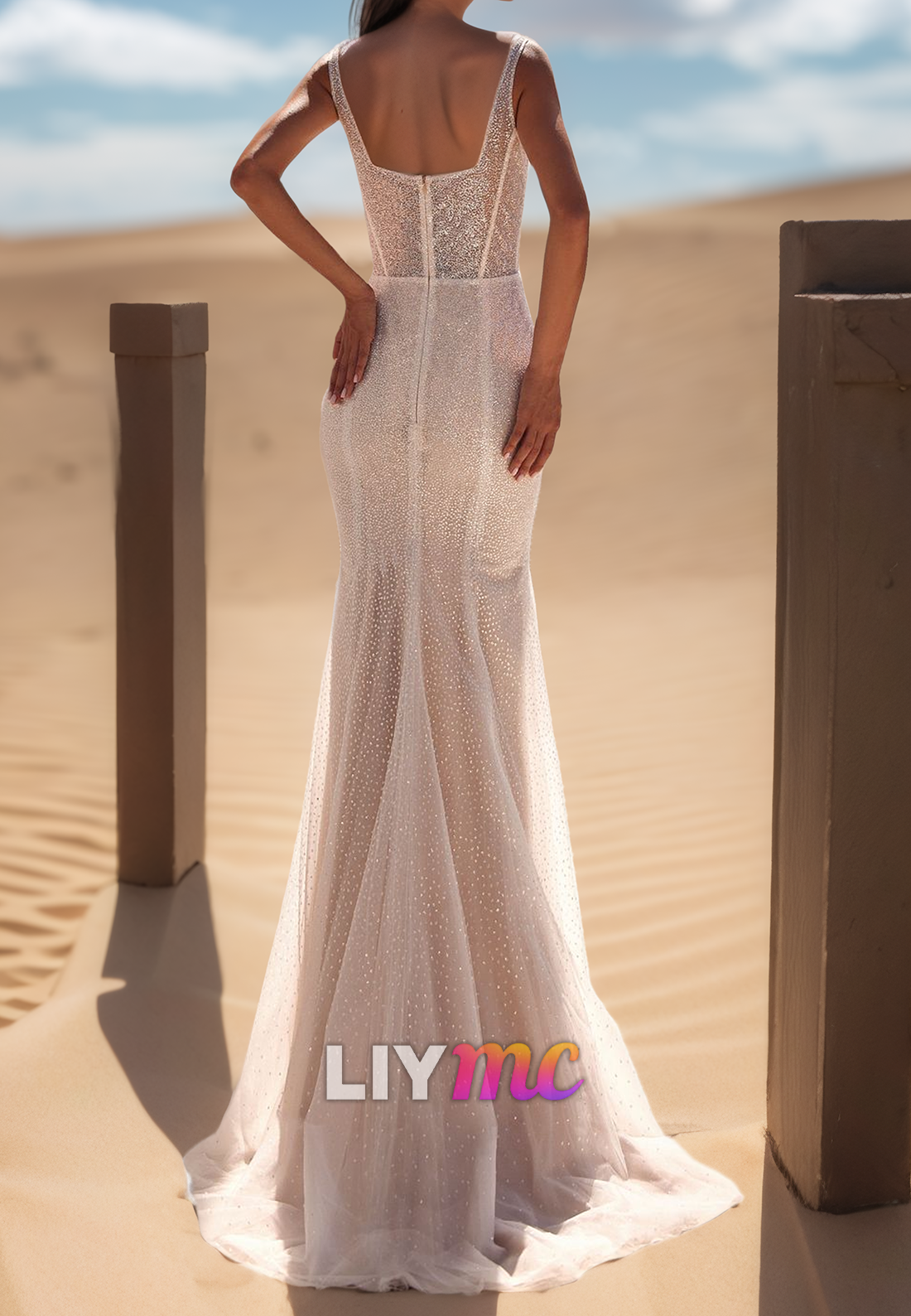 Sweetheart Straps Pleated Side Slit Sparkly Sheath Beach Wedding Dress