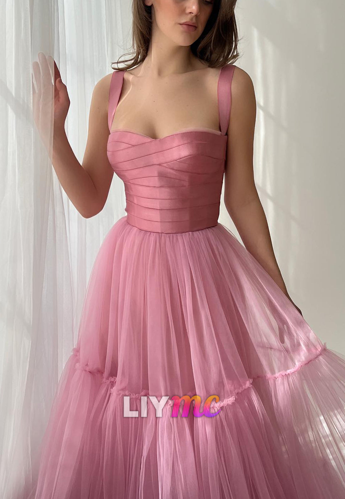Sweetheart Straps Pleated Tulle A-Line Prom Dress
